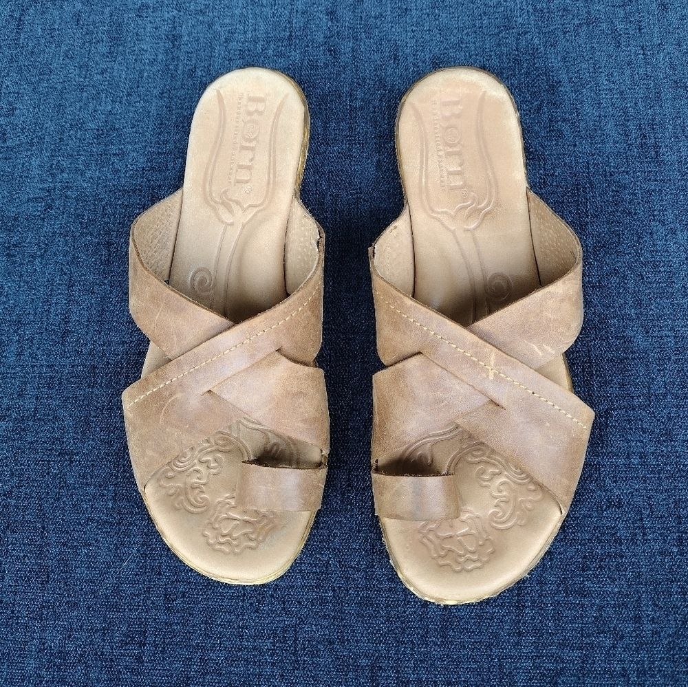 Born Kapri Brown leather strappy toe wrap comfort wedge sandals womens 9